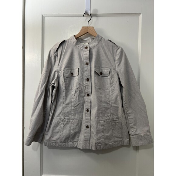 J Jill Women's Brown White Stripe Button Up Lightweight Jacket Size L Petite - Picture 1 of 10